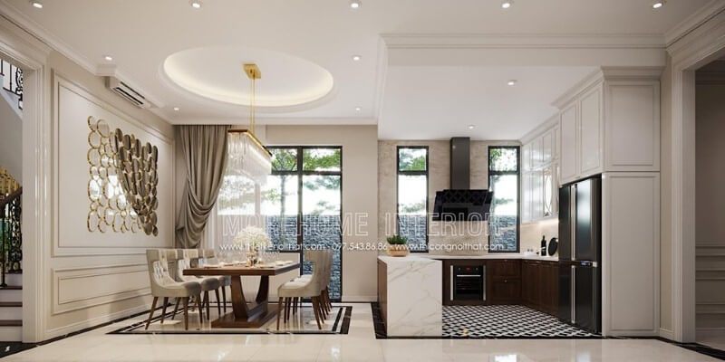 Bố trí nội thất phòng ăn liền phòng bếp đẹp, sang trọng theo phong cách đương đại.