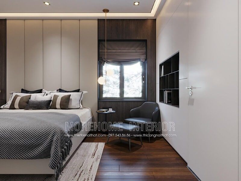Trang trí nội thất phòng ngủ đẹp sang trọng ấn tượng với không gian đọc sách từ chiếc tủ khép kín với khoảng hở đúng chỗ.