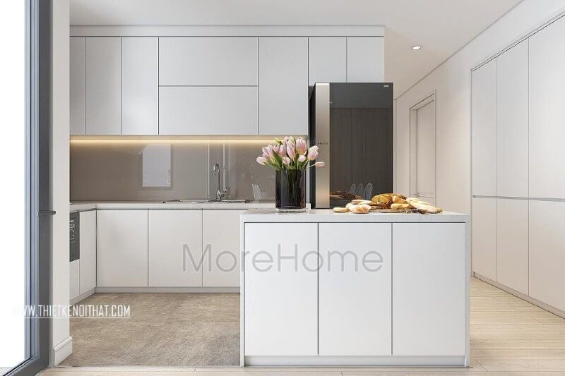 Vẫn là gam màu trắng thuộc tone màu chủ đạo, đá ốp mặt bàn bếp màu trắng cao cấp không hề đơn điệu, buồn tẻ mà mang đến sự hài hòa và tinh tế hơn cho cả không gian phòng bếp