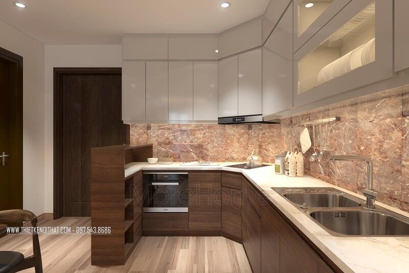 Đá ốp mặt bàn bếp nổi bật với những đường vân đá tinh tế được coi là những chi tiết giúp cân bằng yếu tố thẩm mỹ cho căn nhà, tránh cảm giác nhàm chán và đơn điệu cho không gian sống